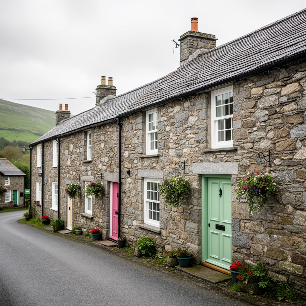 Traditional Welsh stone cottages on a quiet village street in Mid Wales