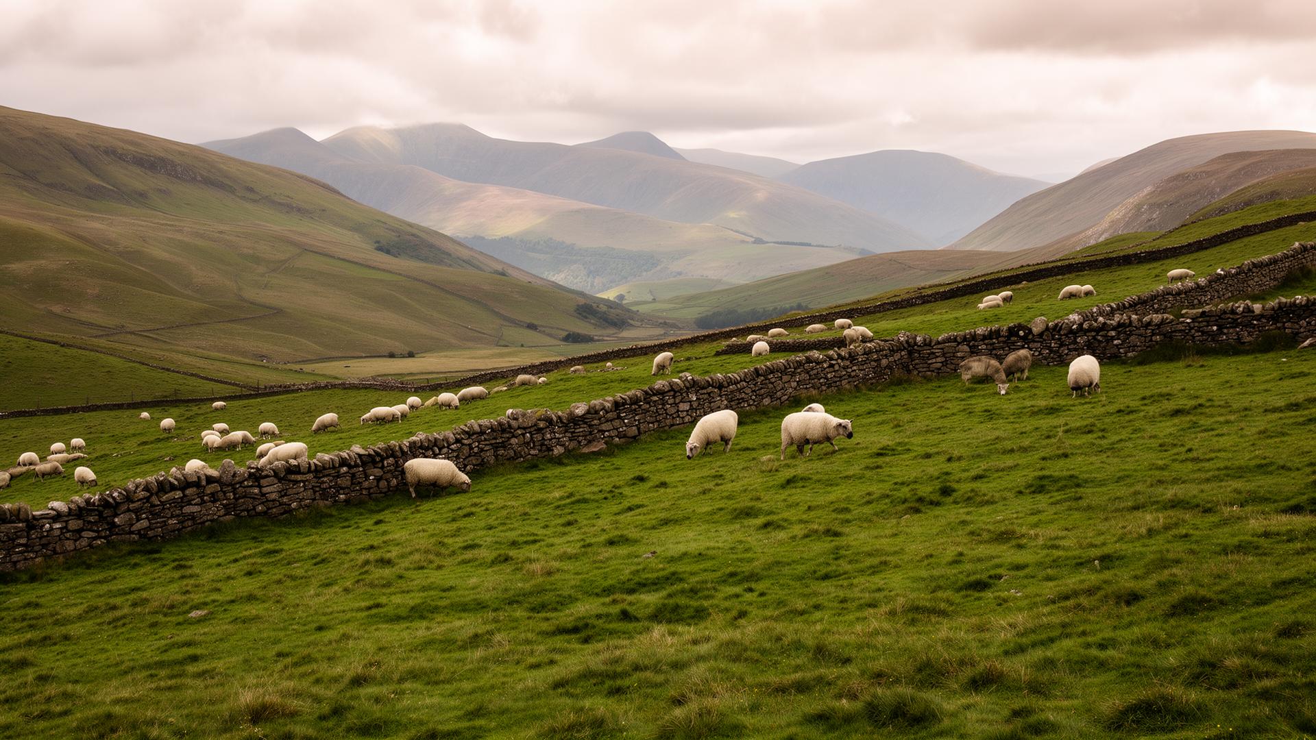Sheep grazing on the Welsh hillsides of Powys with dry stone walls